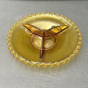Vintage Amber Glass 3 Divided Serving Plate‎ Dish Beaded Edge 70s 80s Art Deco